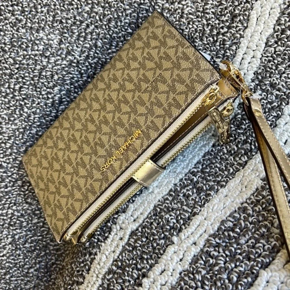 Michael Kors Jet Set Travel Large Double Zip Wristlet Wallet Pale Gold